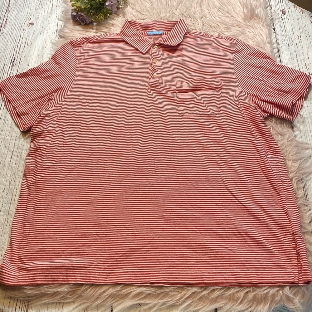 J. McLaughlin Mens Red White Stripe Pocket Short Sleeve Polo sz XL